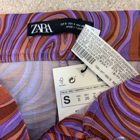 ZARA dark mauve swirl printed high waisted flared leg pants Sz S NWT - Picture 4 of 10